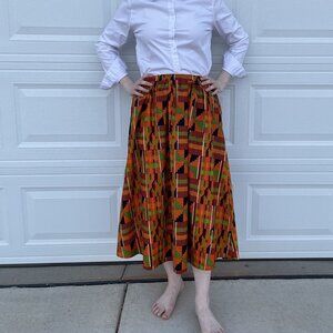 Tribal Print Ankle Skirt M, Orange Black Green African Kitenge, Zipper Wild Maxi